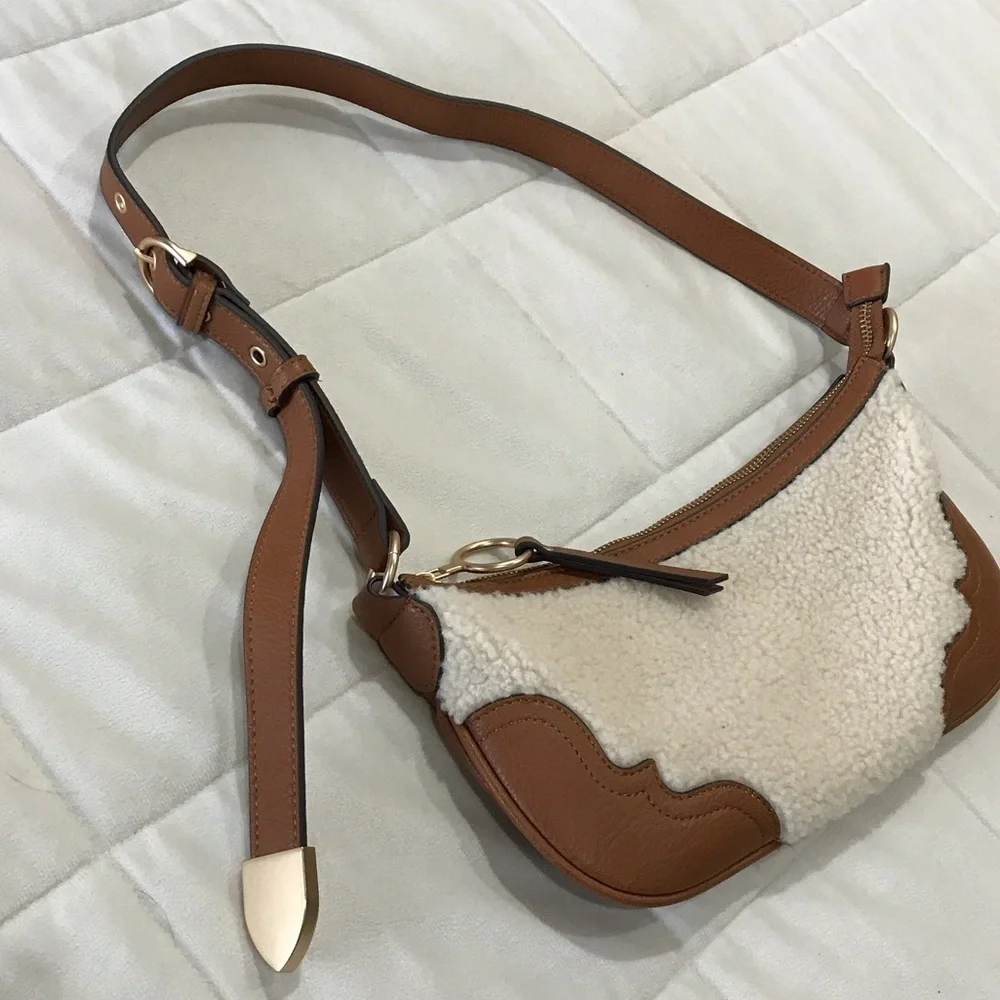 Jessica Simpson Tan Leather and Cream Sherpa Shoulder Bag